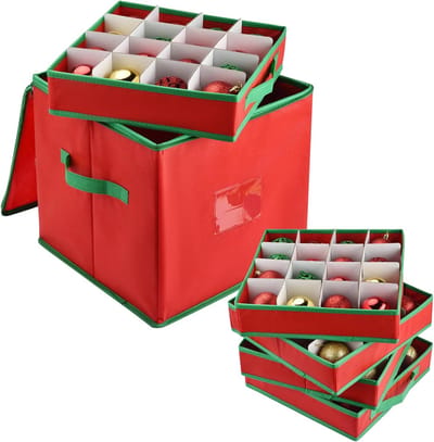 Famanu - Opbergdoos voor kerstballen met verstelbare scheidingswanden, opbergtas voor Kerstmis met 4 niveaus, afneembaar met handgrepen, 64 opbergzakken, 32 x 32,5 x 33 cm