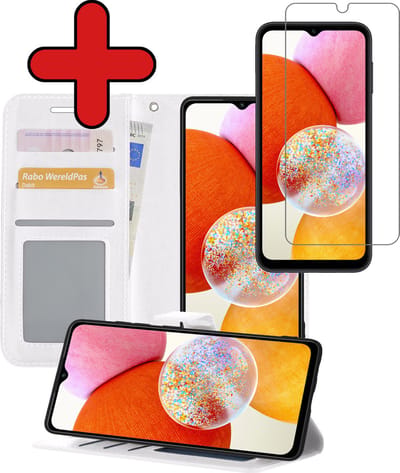Hoesje - Met Screenprotector - Geschikt voor Samsung Galaxy A14 - Luxe Pasjeshouder - Flipcase - Bookcase Portemonee - Flip Case - Kunstleer Book Case - Book Cover - Walletcase - Portemonneehoes - Telefoonhoes - Wit