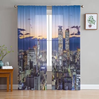Nagoya Japan Stadsgezicht in de schemering Chiffon Transparante Gordijnen voor Woonkamer Slaapkamer Keukendecoratie Raam Voiles Tule Gordijn 135W x 114H(cm) gray