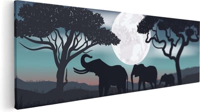 Artaza Canvas Schilderij Olifanten Afrika - 60x20 cm - Wanddecoratie Dieren - Muurdecoratie Woonkamer - Kamer Accessoires Nacht
