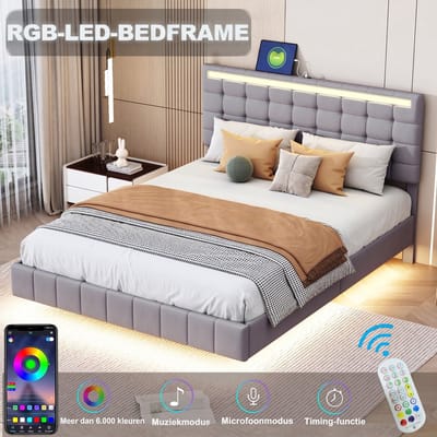 VVBV Gestoffeerd Slaapkamerbed 140x200 cm met Hoofdbord, Voor Slaapkamer/Gastenkamer - LED-Verlichting - Linnen Grijs
