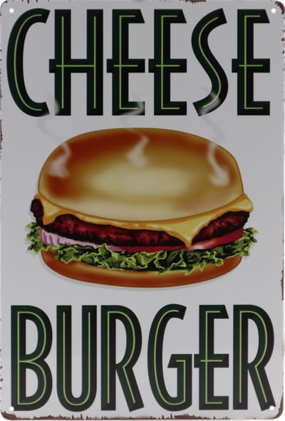 Wandbord – Cheeseburger - Retro -  Wanddecoratie – Reclame bord – Restaurant – Kroeg - Bar – Cafe - Horeca – Metal Sign – 20x30cm