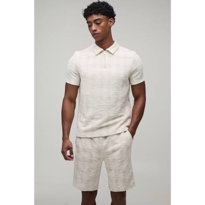 Slim Fit Bouclé Geruit Polo & Shorts Set Met Rits | Stone | Size XS