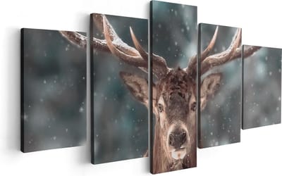 Artaza Canvas Schilderij Vijfluik Hertenkop - Hert In De Sneeuw - 100x50 cm - Wanddecoratie Woonkamer - Schilderijen - Muurdecoratie