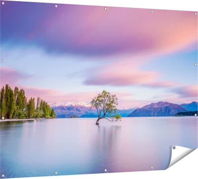Gards Tuinposter Wanaka Boom in het Water bij Zonsopgang - 160x120 cm - Tuindoek - Tuindecoratie - Wanddecoratie buiten - Tuinschilderij