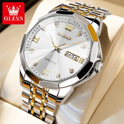 HO-9982.gz-z : Olevs zilvergoudkl automatisch/mechanisch edelstaal elegant tourbillon Polshorloge, zilverwit wijzerplaat, luminiscerend, rhombol, Datum, Diamant-zirkonia's