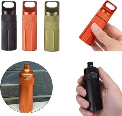 Waterdichte ronde pillen dispenser voor overlevingssituaties, oranje met metalen behuizing en handige functies