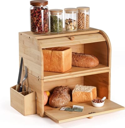 Houten Broodtrommel van Bamboe - Grote Retro Eco Vriendelijk - Dubbele Laag Stapelbare Broodopbergdoos 38x25x36cm voor Vers en Smaakvol Brood