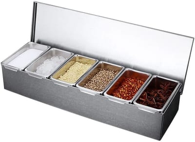 Cherrys Finds - Topping Station - Ingrediëntcontainer - Barbecueschotelcontainer - Ingrediëntdoos - Ingrediëntenhouder met 6 Bakken & Deksels - RVS Topping Organizer - Voor Pizza, BBQ & Buitenkeuken - Zilver