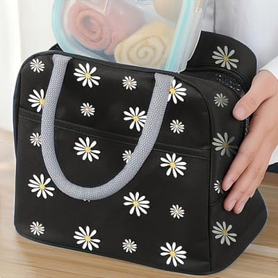 Zwarte Chrysant Oxford Lunchtas, Handtas met Verdikte Aluminiumfolie Isolatie, Thermische Schoollunchtas, Draagbare Kantoor Voedseltas zwart