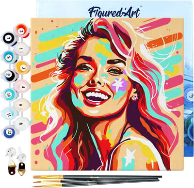 Figured'Art Mini Schilderen op Nummer Volwassenen 20x20cm met lijst Blonde Vrouw Pop Art - Klein Formaat Creatieve Hobby Kit DIY Art Nummer Compleet