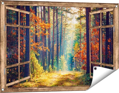 Gards Tuinposter Doorkijk Herfstbos met Zonneschijn - Kleur - 90x60 cm - Tuindoek - Tuindecoratie - Wanddecoratie buiten - Tuinschilderij