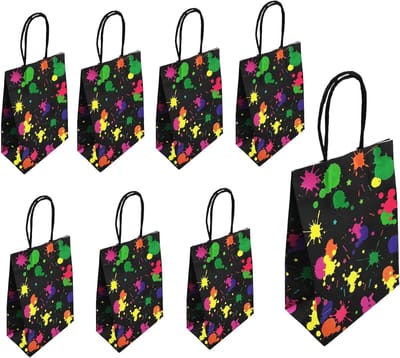 Neon Feesttassen Set van 8, Kraft Papieren Tassen voor Kinderverjaardagen, Glow in the Dark Cadeautassen voor Feestdecoraties
