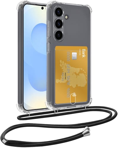 Hoesje Geschikt voor Samsung S25 FE Hoesje Met Telefoonkoord en Pasjeshouder Siliconen - Hoes Geschikt voor Samsung Galaxy S25 FE Hoesje Met Kaarthouder Shock Proof Case - Transparant