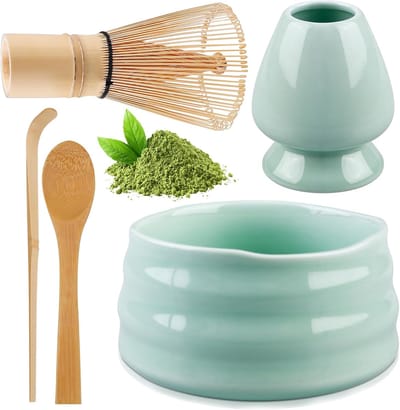 Matcha Set Compleet – Japanse Matcha Ceremonie Set met Chasen (Garde), Chashaku (Lepel), Keramische Kom & Houder – Perfect voor Matcha Thee Bereiden