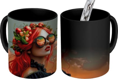 Magische Mok - Foto op Warmte Mokken - Koffiemok - Vrouw - Kroon - Tomaat - Bascilicum - Zonnebril - Magic Mok - Beker - 350 ML - Theemok