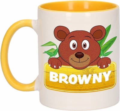 Browny mok - geel/wit - keramiek - 300 ml - kinder beker beer