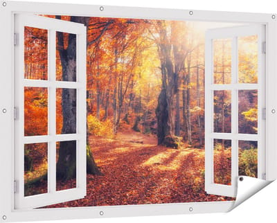 Gards Tuinposter Doorkijk Oranje Herfstbos met Zonneschijn - 150x100 cm - Tuindoek - Tuindecoratie - Wanddecoratie buiten - Tuinschilderij