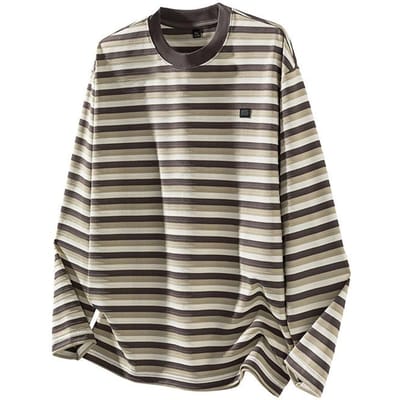 Amerikaans Trendy Merk Driedimensionale Textuur Gestreept T-shirt met Lange Mouwen Heren Los High-end Top met Ronde Hals 4XL beige