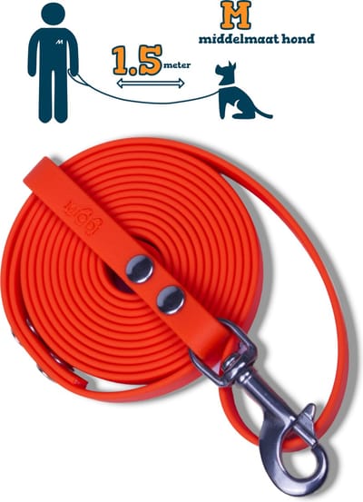 Miqdi hondenriem - BioThane® – neon oranje – 1.5 meter lang – 13mm breed – M – middelmaat hond