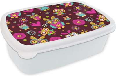 Broodtrommel Wit - Lunchbox - Brooddoos - Meisjes - Uil - Chocolade - Patronen - Girl - Kind - Kinderen - 18x12x6 cm - Volwassenen