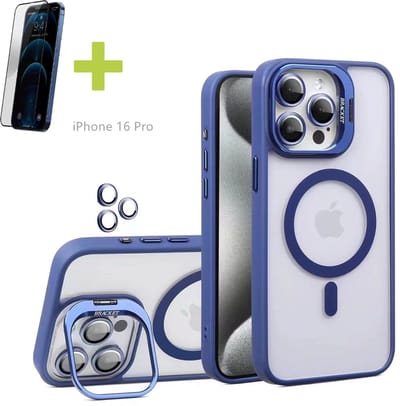 Standaards Hoesje voor iPhone 16 Pro, Compatibel met MagSafe Hoes, Acryl + TPU Case met Metaal Camerafolie, Transparant, Blauw - Screenprotector