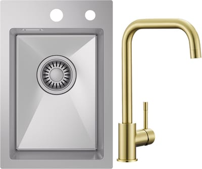 CECIPA max Spoelbak voor keuken 30x45 cm - Spoelbakken Keuken Met Keukenkraan Goud - Wasbak Keuken RVS - Met Kraangat - incl. Afvoerzeefje en Sifon