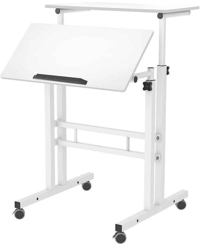 CORE Zit-Sta Bureau - In Hoogte Verstelbaar van 70 tot 110 cm - Verrijdbaar Computerbureau met Vergrendelbare Wielen - Kantelbaar Tafelblad - Compact Werkbureau voor Laptop, Thuiswerk, Kantoor en Studie - 54x54x70-110cm - Wit