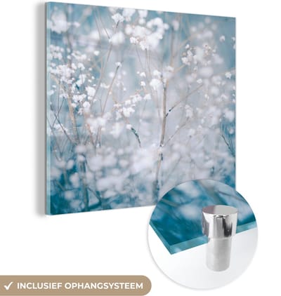 MuchoWow® Glasschilderij 50x50 cm - Schilderij acrylglas - Takken - Sneeuw - Winter - Natuur - Botanisch - Foto op glas - Schilderijen
