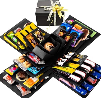 5-laagse creatieve explosiebox voor verrassingen, doe-het-zelf geschenkdoos voor Valentijnsdag, verjaardag en trouwdag, zwart met plakband en band