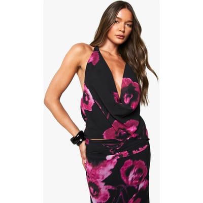 boohoo Dames Floraal chiffon haltertop met cowl-nek | Zwart | Maat: 38