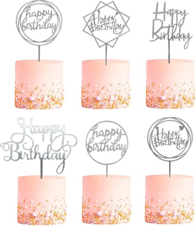 Happy Birthday TaartTopper Zilver Taart Decoratie Cake Topper Taart Topper Decoratie Verjaardag Versiering – 6 Stuks