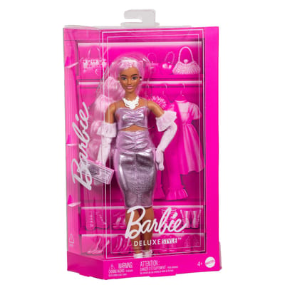 Barbie Deluxe Stijl - Glanzende midi-jurk met ruches - Barbiepop