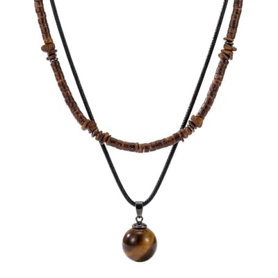 Layer ketting voor heren met bruine kralenketting en zwarte koordketting met ronde hanger