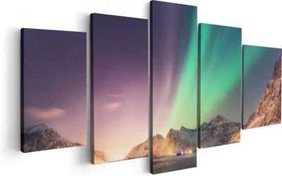 Artaza Canvas Schilderij Vijfluik Noorderlicht in de Bergen met Sneeuw - 100x50 - Foto Op Canvas - Canvas Print