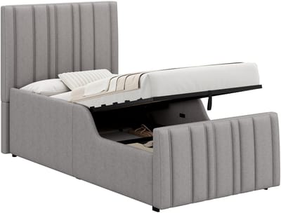 MIVRAY Kinderbed 90x200 cm Zonder Matras - Gestoffeerd Bed Met Hydraulische Opbergruimte En Lattenbodem - Linnen - Grijs