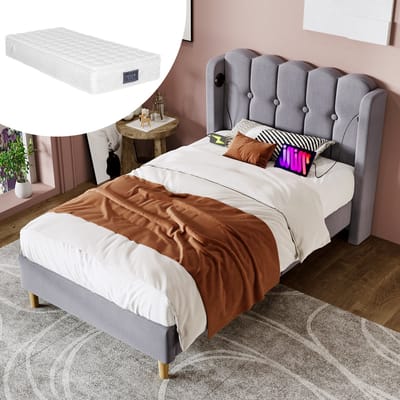 Gestoffeerd eenpersoonsbed, met USB-oplaadhoofdeinde, stoffen bed, jeugdbed, bedframe met lattenbodem, linnen, met matras, grijs, 90 x 200 cm