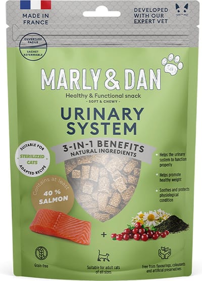 MARLY & DAN kattensnack Healty&functional snack - soft&chewy - 40 gr ook voor gesteriliseerde katten URINARY 50% zalm -graanvrij - vrij van smaak, kleur en kunstmatige bewaarmiddelen . lekker