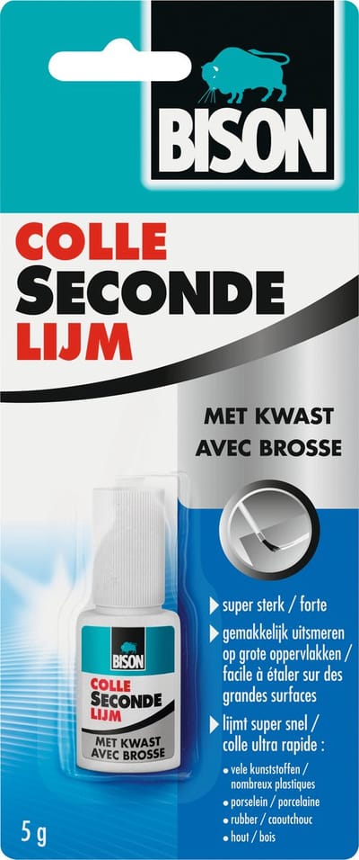 Bison Secondelijm Vloeibaar met kwast, sterke secondelijm, met aanbrengkwast, vaatwasser bestendig, water resistent, voor iedere reparatie in en om het huis