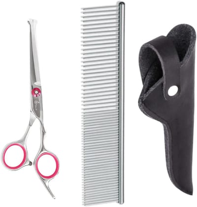 Professor Q – Uitdunschaar / Contourschaar – Professionele Hondenschaar – Roze – Voor Vachtverzorging & Trimmen met Luxe Lederen Etui – 16,5 cm – Zwart + Anti-Klit Kam – Pijnloos & Huisdiervriendelijk