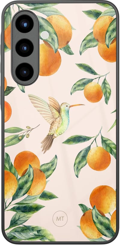 Hoesje geschikt voor Samsung Galaxy A56 - Tropical fruit - Hard Case Zwart Back Cover - Natuur - Oranje - Mooie Telefoonhoesjes