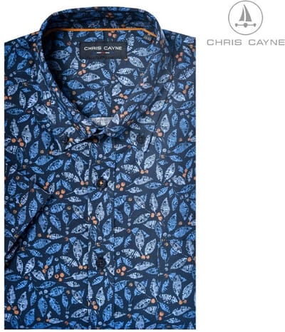 Chris Cayne heren overhemd - M - blauw/bruin - korte mouwen - geprint shirt - borstzak - button down kraag