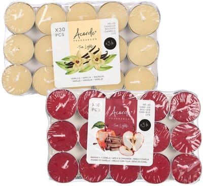 Acorde theelichtjes - 60x - 30x vanille - 30x appel/kaneel - aroma/geurkaarsen