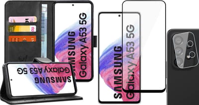 Hoesje geschikt voor Samsung Galaxy A53 - Book Case Kunstleer Wallet Cover Portemonnee Pasjeshouder Hoes Zwart - Full Tempered Glass Screenprotector - Camera Lens Protector
