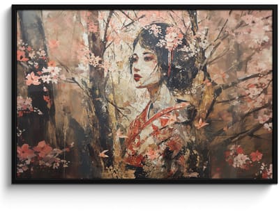 Poster in lijst - Fotolijst 120x80 cm - Posters - Kimono - Vrouw - kersenbomen - Posterlijst zwart - Decoratie - Wanddecoratie woonkamer - Muurdecoratie slaapkamer