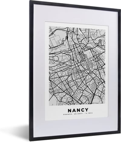 Fotolijst incl. Poster - Stadskaart - Frankrijk - Kaart - Nancy - Plattegrond - 30x40 cm - Posterlijst
