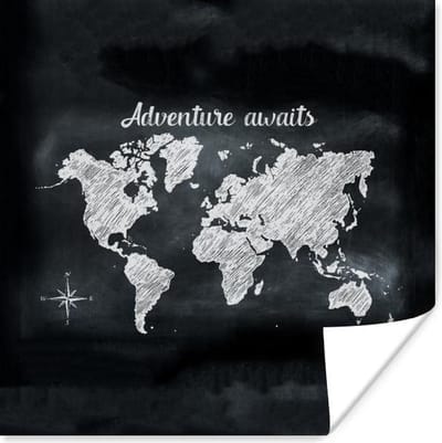 Poster 30x30 cm - Wereldkaart - Schoolbord - Wit - Posters - Kamer decoratie - Wanddecoratie woonkamer - Muurdecoratie slaapkamer