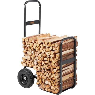 Chariot à Bûches, Capacité 113,4 kg, Porte-Bûches d'Extérieur et d'Intérieur, Déplaceur avec Roues PU et Housse Imperméable, Chariot Robuste en Acier,