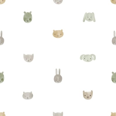 Behang - Dieren - Aquarel - Babykamer Neutraal - Wit Groen - Kinderkamer - Dierenhoofdjes - Beer Kat Konijn - 0,53 x 10,05 M - Happy