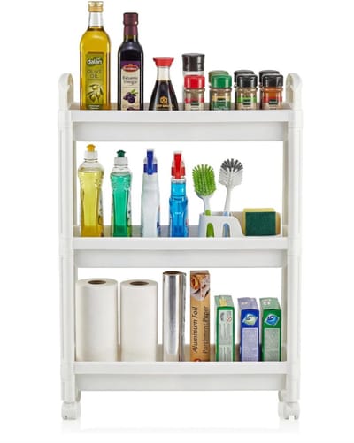 Opbergwagen met Wielen Smal - Ruimtebesparend 3-Laags Design - Mobiele Organizer met Ventilatie Planken - Ideaal voor Keuken Badkamer Smalle Ruimtes - Rolwagen Keukentrolley Opbergrek